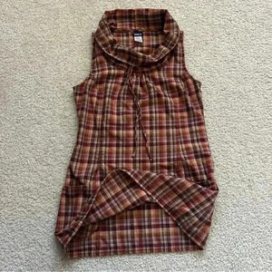 Patagonia Brown Plaid Cowl Neck Front Pockets Dress Tunic, Wm  Sz 4 Sleeveless